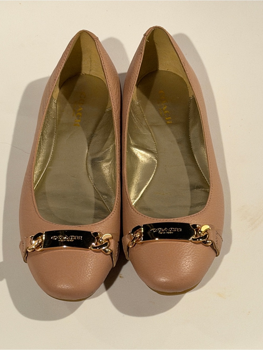 Coach Bianca Pink Leather Ballet Flats with Gold Chain and Hardware - 6.5B